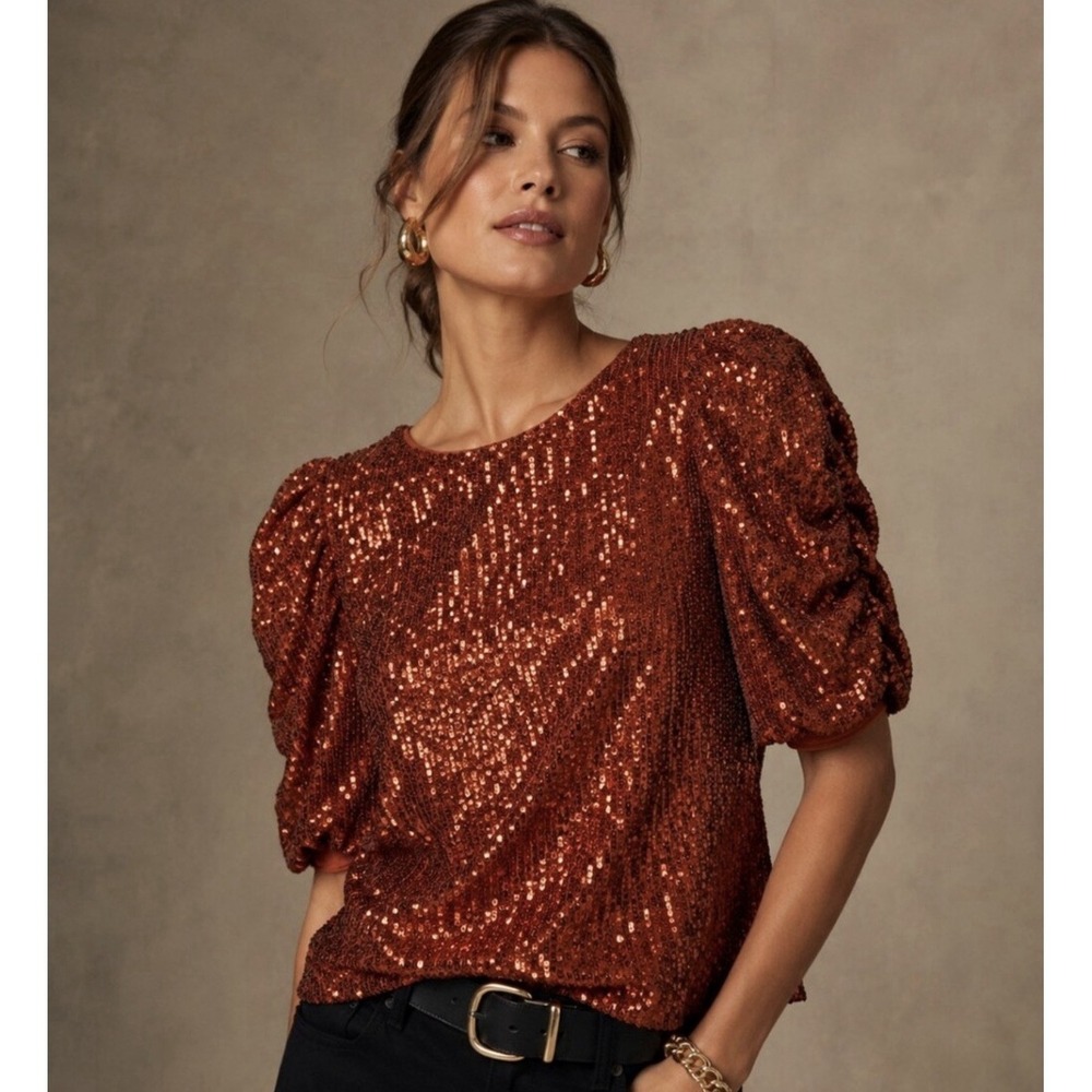 Anthropologie Marie Sequin Puff Sleeve Top Copper Ruched Glam Metallic Luxe Sz 6